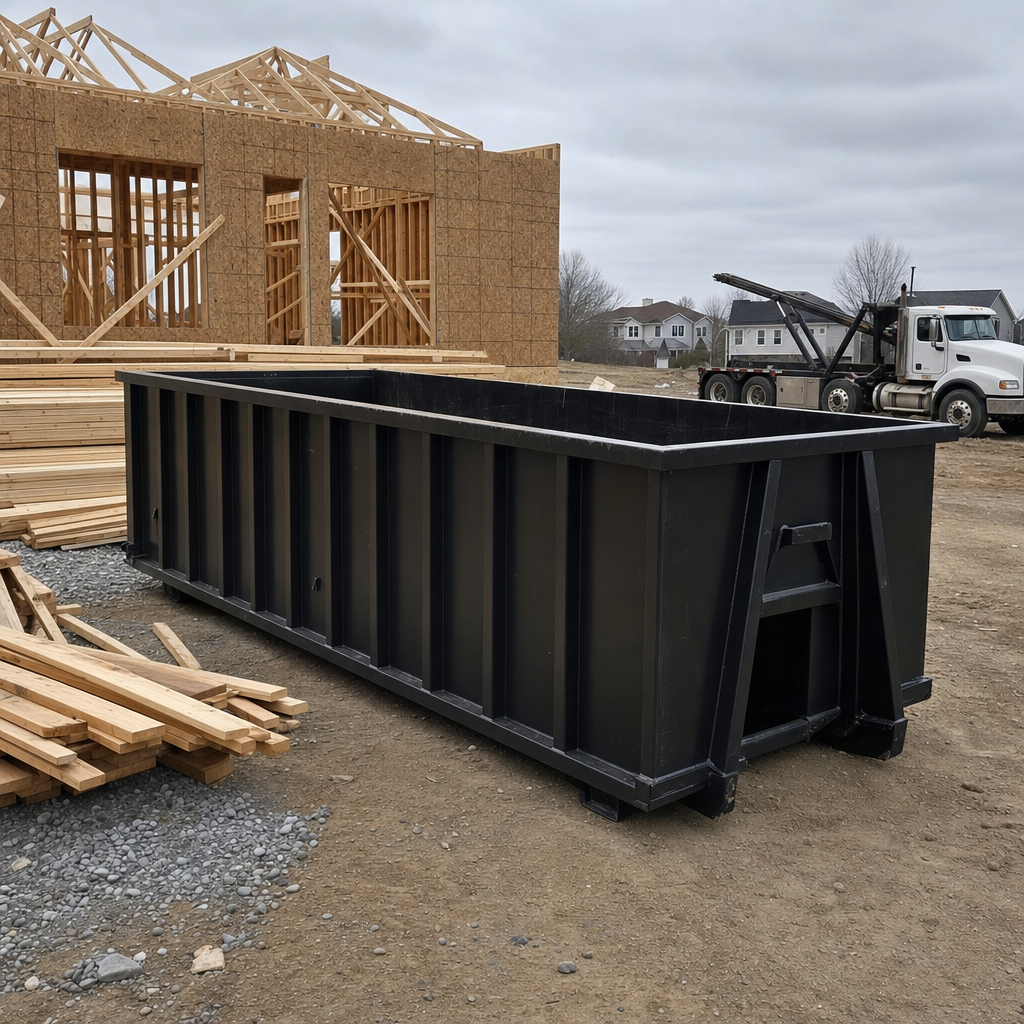 Matte-black 40-yard roll-off dumpster staged on a framed-out residential construction site in Livonia, framing lumber stacked nearby, hooklift delivery truck visible in the background under bright Colorado daylight
