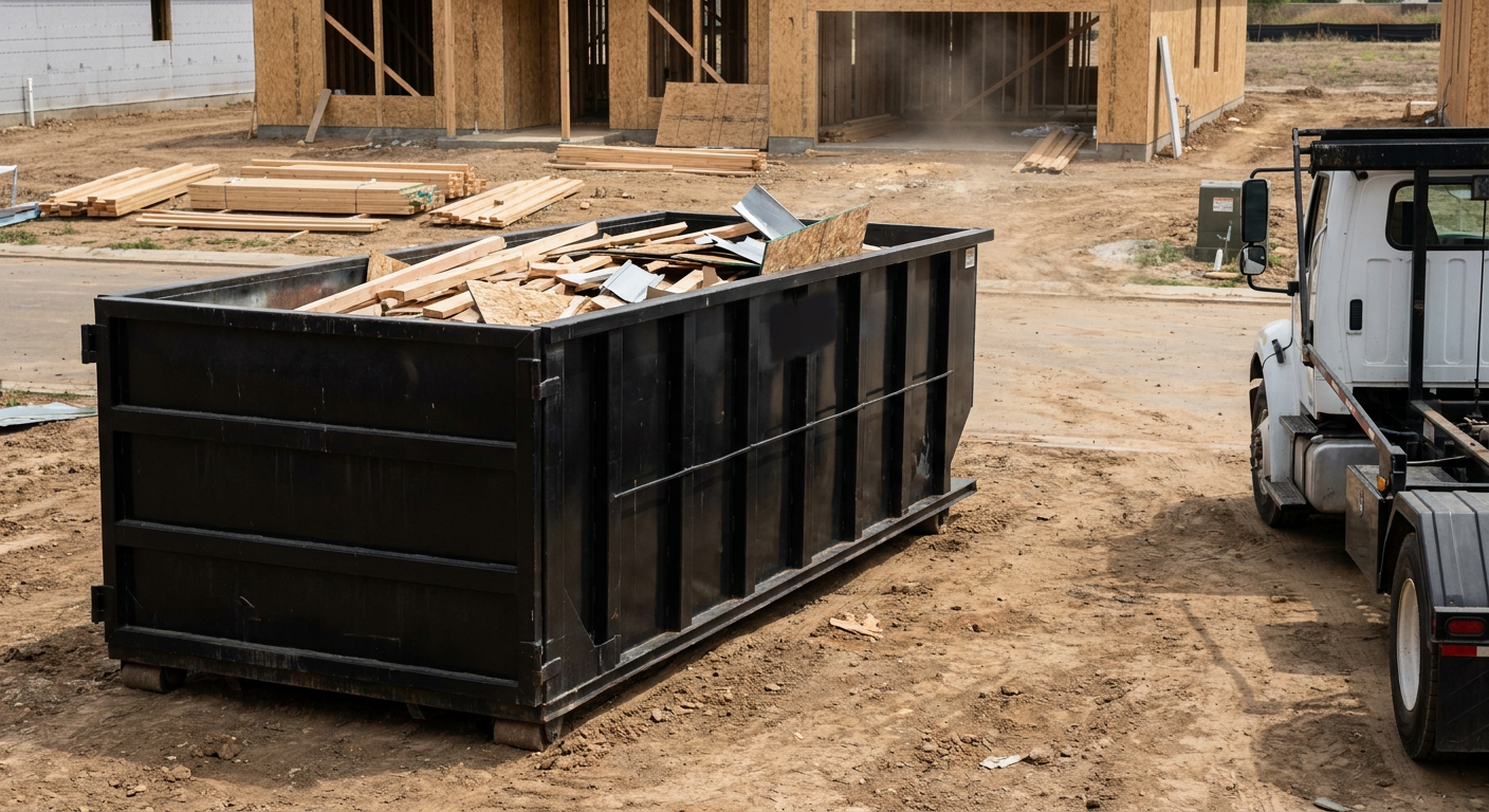 Matte-black 20-yard roll-off construction dumpster with heavy ribbed steel sidewalls and swing rear doors at a working jobsite in Livonia, sitting directly on compacted dirt with an unmarked white hauler partially visible at the far edge of the frame.