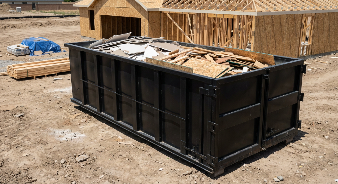 Matte-black 30-yard roll-off construction dumpster sitting directly on the compacted-dirt site of a framed single-family home build in Livonia, drywall and lumber scrap loaded inside.