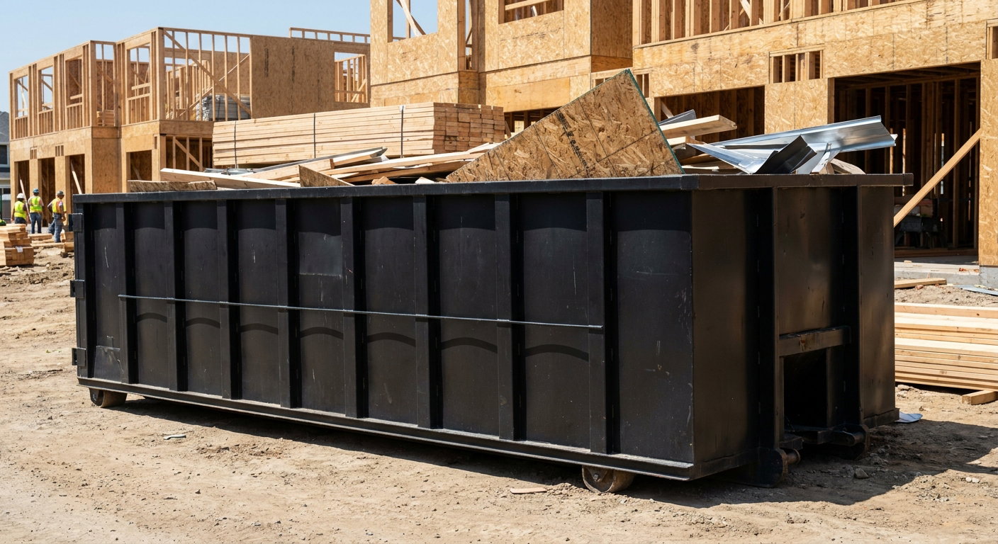 Matte-black 40-yard roll-off construction dumpster being lowered from a white-cab hooklift delivery truck onto the compacted-dirt jobsite at a commercial build site in Livonia