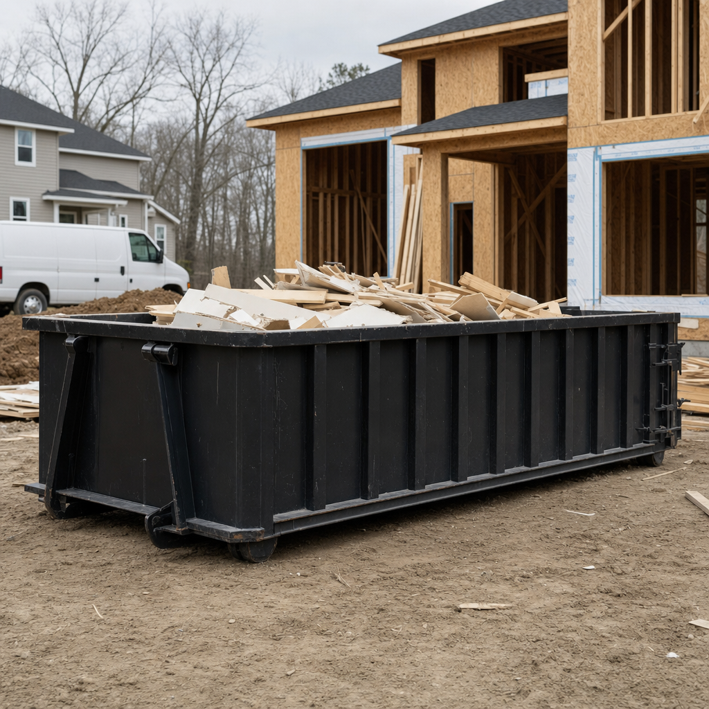Worker in a yellow high-visibility vest tossing framing lumber and broken drywall into a matte-black 30-yard construction roll-off dumpster on an active build site in Livonia, bright daylight