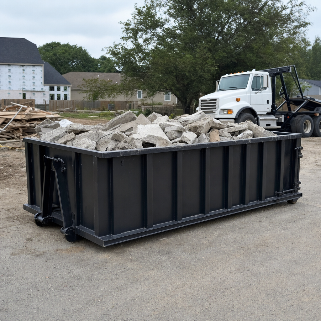 Low-profile matte-black lowboy roll-off dumpster loaded with broken concrete slab and rebar at a foundation tear-out in Livonia, skid steer parked beside it, sunny Colorado morning