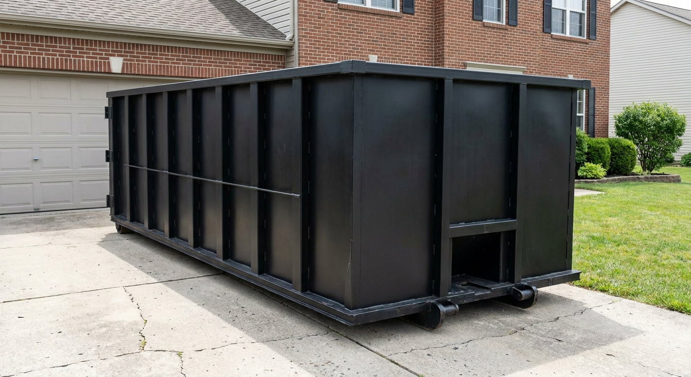 Matte-black 20-yard roll-off container on a Livonia residential concrete driveway with reinforced ribbed steel sidewalls and a hinged rear walk-in door, clean bright daylight.