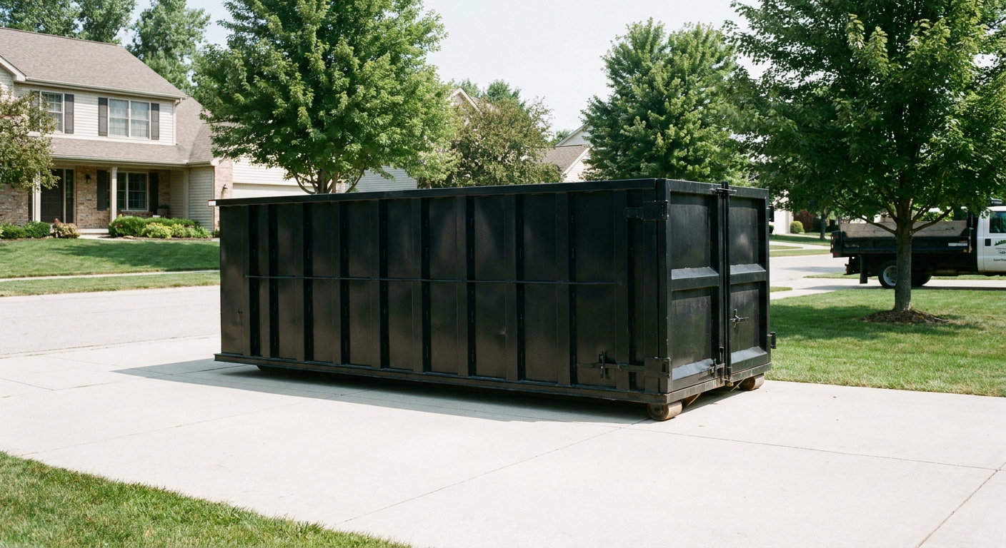Matte-black 20-yard roll-off dumpster sitting level on a clean Livonia residential concrete driveway under bright daylight, demonstrating clean placement directly on the concrete.