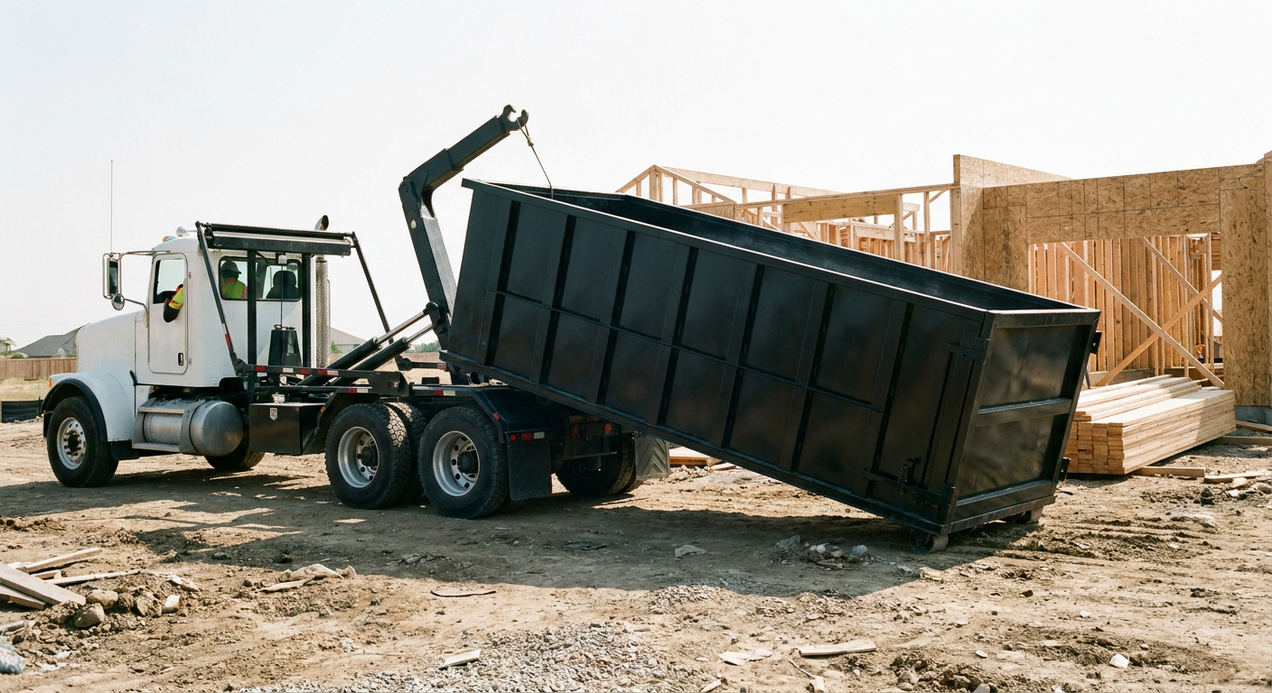 Matte-black roll-off dumpster being delivered onto a clean residential concrete driveway in Livonia by an unmarked white hooklift hauler truck, bright morning daylight, documentary 35mm perspective.