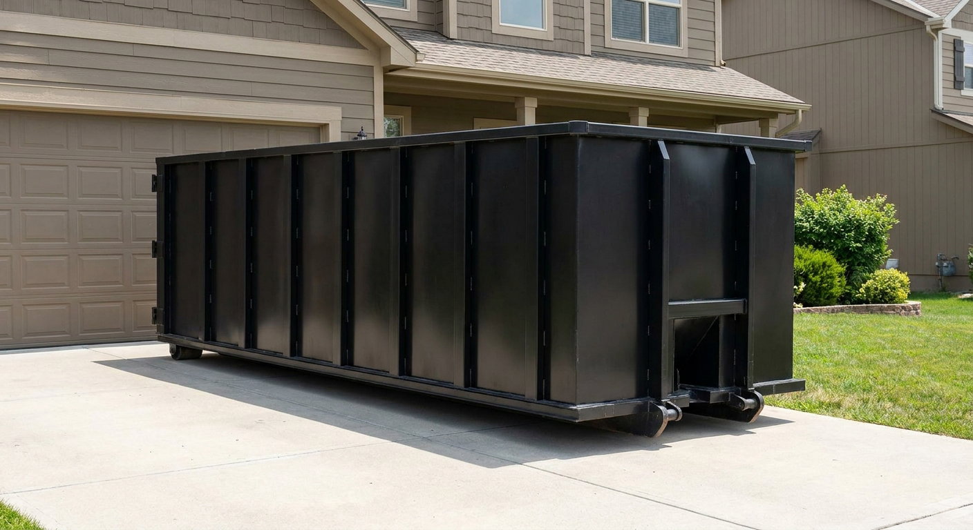Matte-black residential roll-off dumpster sitting directly on a suburban Livonia concrete driveway, garage door closed, single-family home in background, bright morning daylight.