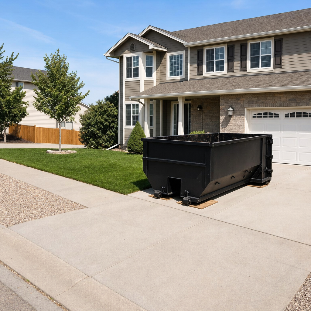 10-yard matte-black residential dumpster placed directly on a narrow Livonia concrete driveway, room remains for a parked sedan beside it, mid-morning natural light
