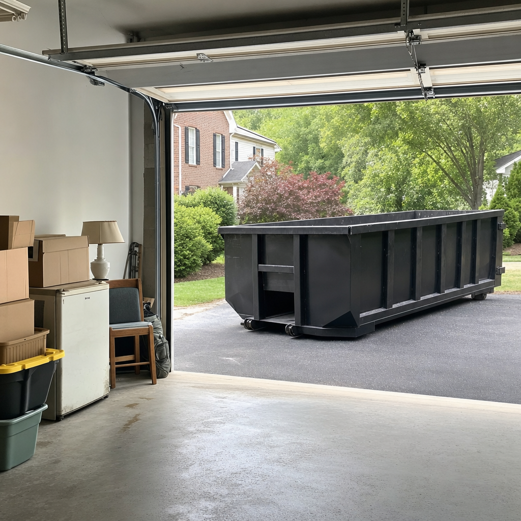 Open garage interior in a Livonia home mid-cleanout — boxed items, an old appliance, and stacked yard tools queued near the driveway for a matte-black roll-off dumpster, organized and calm