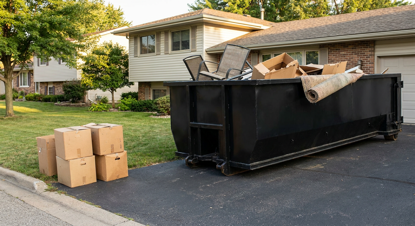 Front-yard view of a Livonia split-level home with a 20-yard matte-black roll-off dumpster sitting directly on the asphalt driveway, a few clearly labeled donation boxes staged at the curb, calm sunny afternoon.