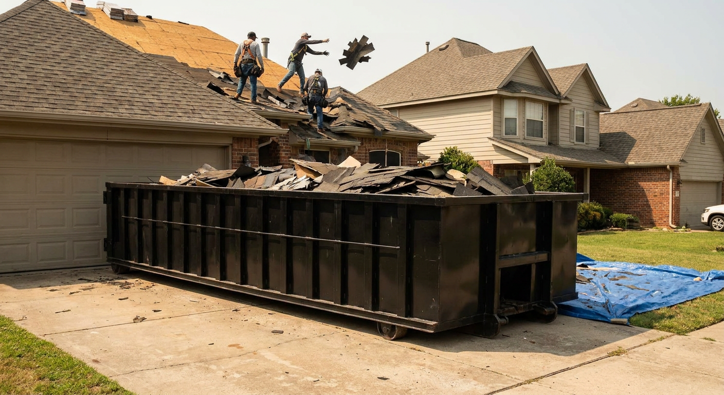Matte-black roofing roll-off dumpster placed directly on a Livonia residential concrete driveway, a tear-off crew on a two-story asphalt-shingle roof tossing shingle bundles into the low-walled container, bright daylight, documentary 35mm perspective.
