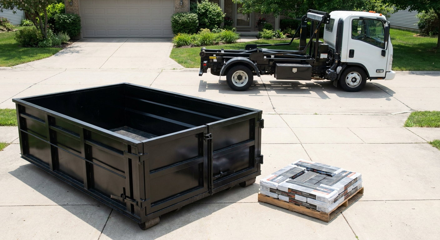 Matte-black 15-yard roofing roll-off dumpster with reinforced low side walls sitting directly on a Livonia residential concrete driveway, three-tab asphalt shingle bundles stacked nearby, an unmarked white hauler truck partially visible at the edge of the frame.