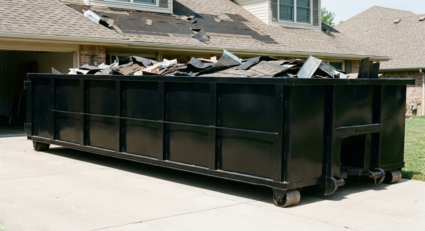 Matte-black 20-yard roofing roll-off dumpster with steel ribbed sides and swinging rear door, sitting directly on the concrete driveway of a two-story Livonia home, asphalt shingle debris being loaded over the low wall, clean documentary lighting.