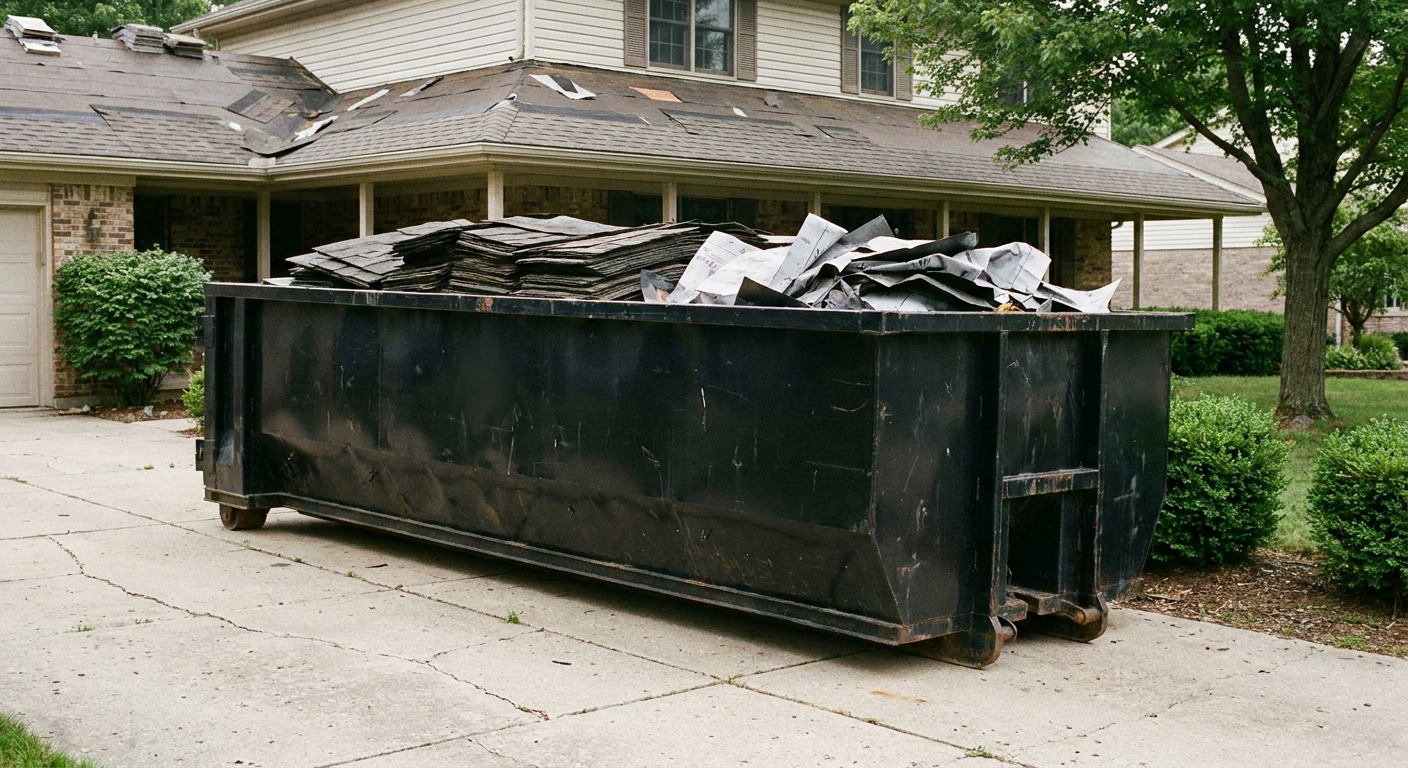 Matte-black 30-yard roofing roll-off dumpster sitting directly on a Livonia concrete driveway, taller ribbed steel side panels, mixed tear-off debris of asphalt shingles and underlayment inside, professional documentary daylight.
