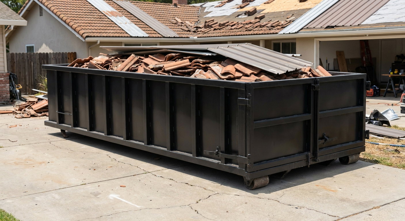 Matte-black low-wall heavy-debris roofing roll-off dumpster sitting directly on a Livonia concrete driveway, broken concrete clay roof tiles and metal panel sections loaded inside, reinforced ribbed steel side walls visible, bright outdoor daylight.
