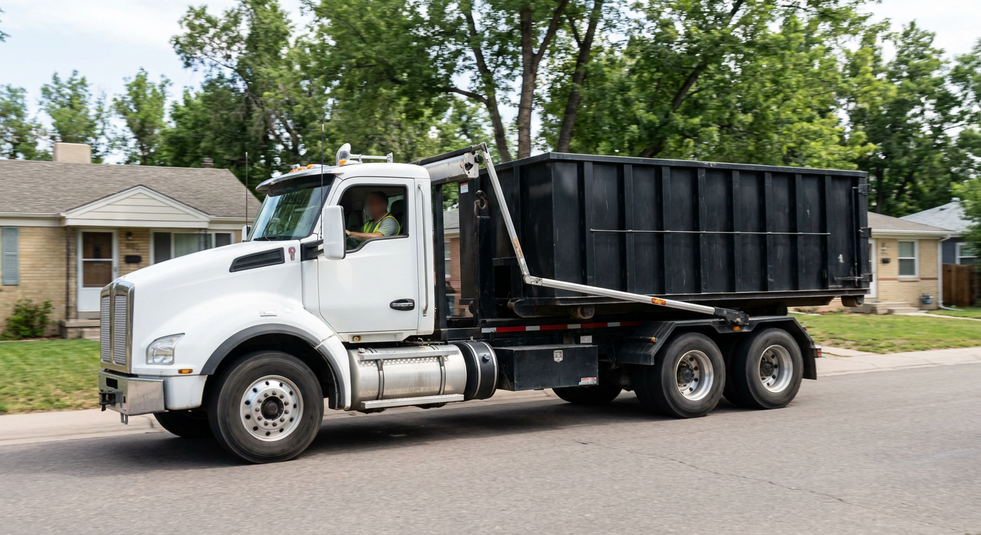 A wide documentary shot of a matte-black roll-off delivery truck pulling onto a quiet Livonia residential street at mid-morning, with neighborhood rooftops and tree-lined blocks visible behind, showing the metro coverage footprint.