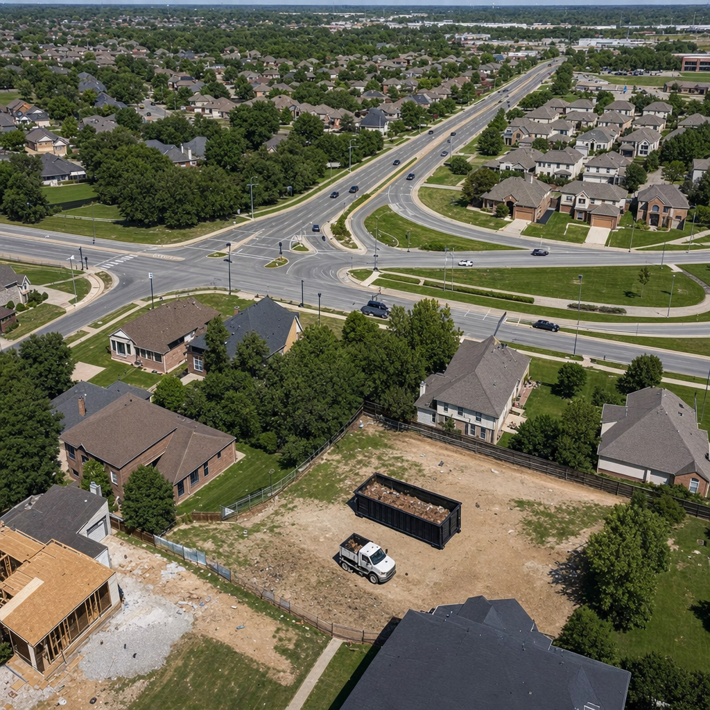 An overhead documentary view of the Livonia metro area at midday, showing the spread of neighborhoods, arterial roads, and the dispatch radius from a central yard — clean daylight, organized geographic layout.