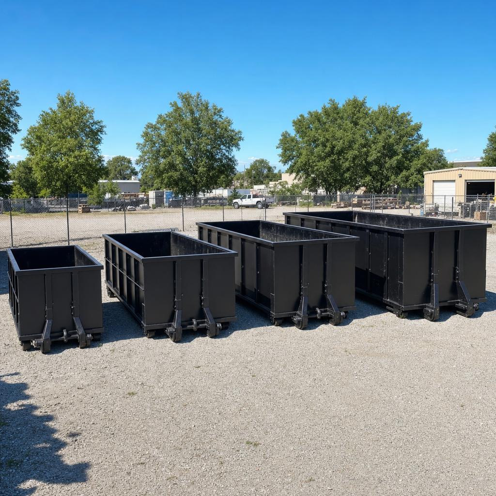 A clean lineup of matte-black roll-off dumpsters in 10, 20, 30, and 40-yard sizes staged on a sunlit gravel yard in Livonia, showing the size progression from compact to commercial-scale containers.