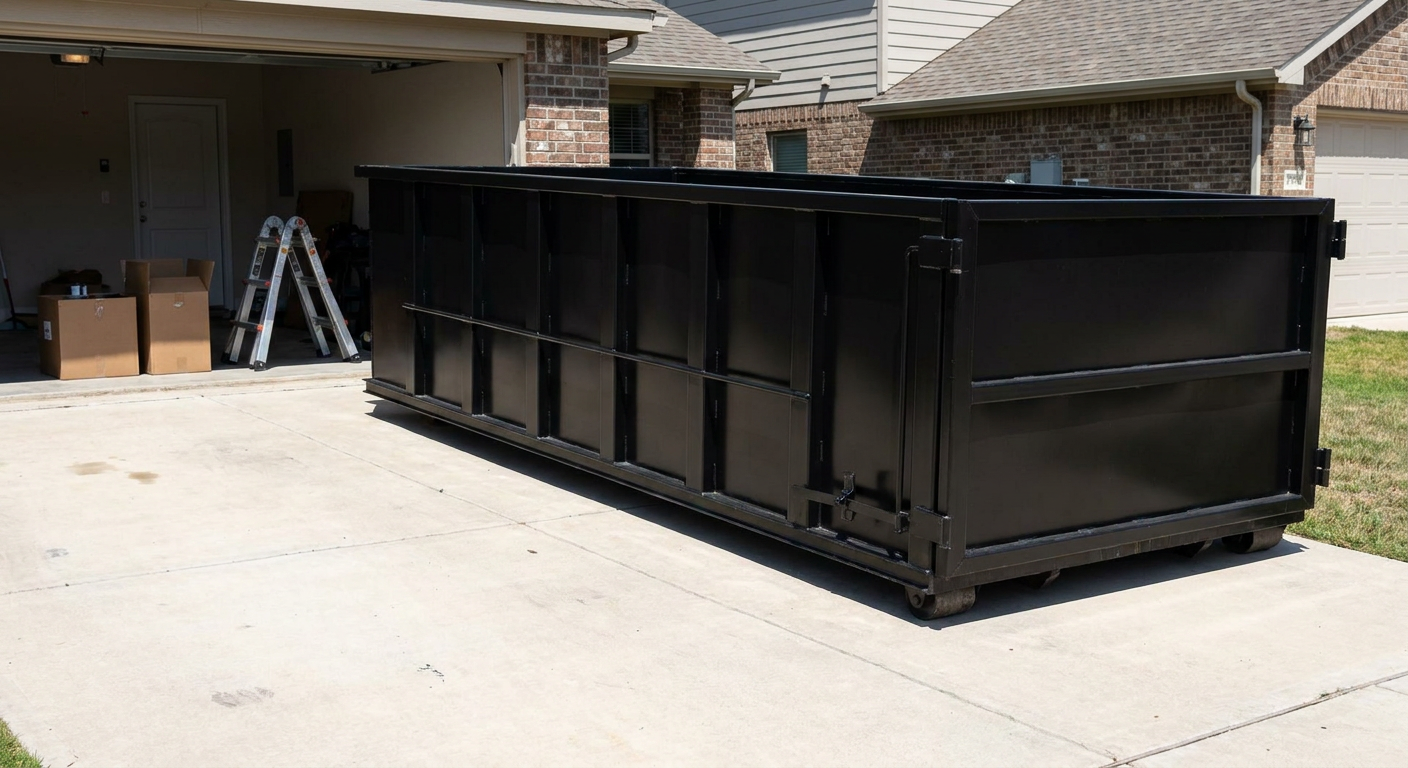 A matte-black 10-yard roll-off dumpster sitting directly on a residential Livonia concrete driveway, mid-day sunlight, clean and ready for a garage cleanout.
