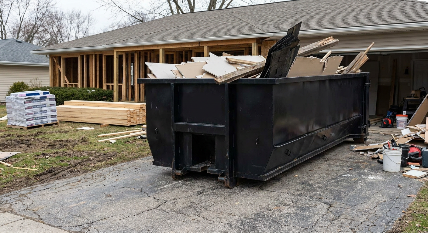 A matte-black 20-yard roll-off dumpster placed alongside a mid-renovation Livonia home directly on the asphalt driveway, with framing materials and torn-off shingles staged neatly nearby.