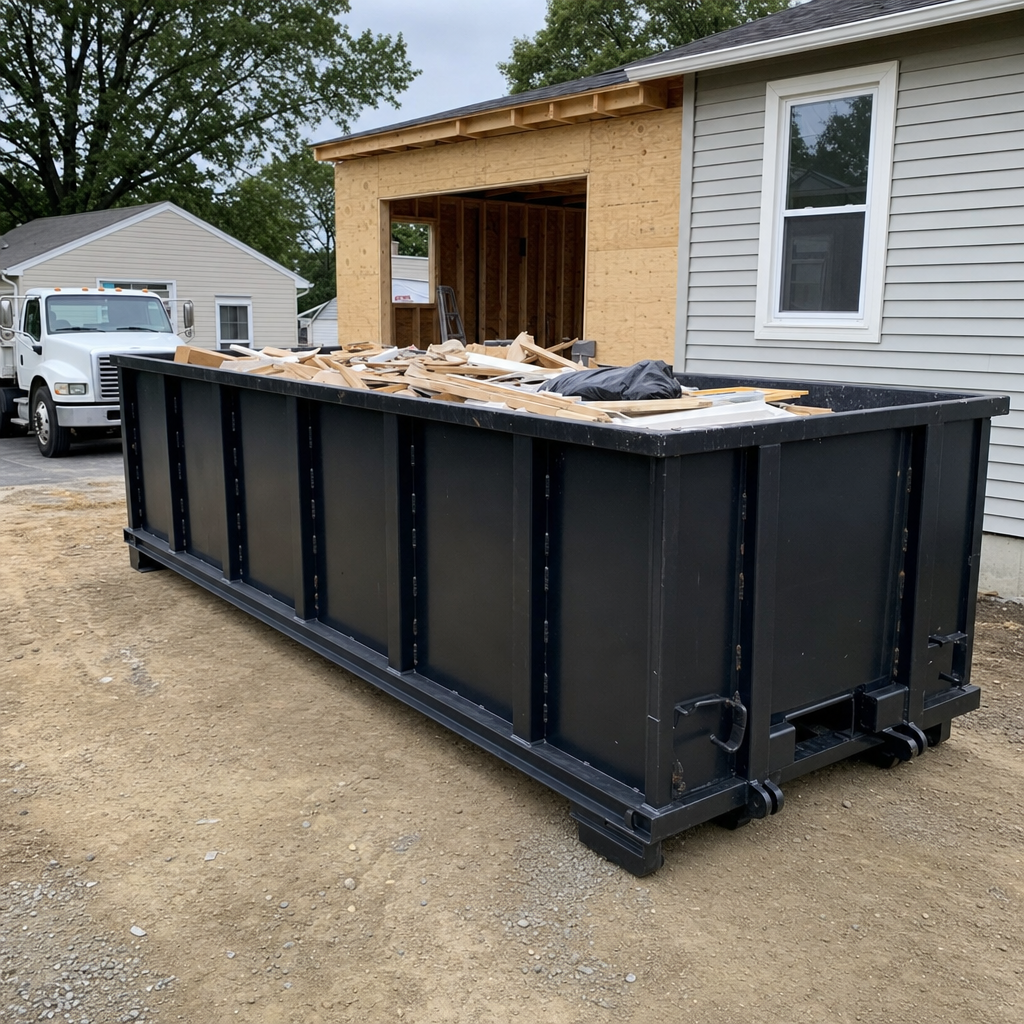 A matte-black 30-yard roll-off dumpster positioned at a Livonia residential addition jobsite, with framing lumber and drywall scraps loaded through the open swinging rear doors.