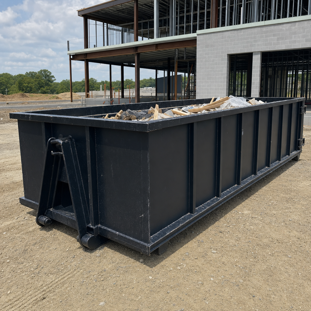 A matte-black 40-yard roll-off dumpster staged on a large Livonia commercial construction lot, with a hooklift delivery truck parked alongside under bright midday sky.