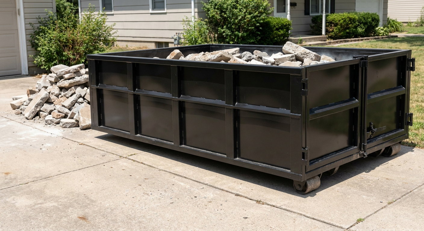 A matte-black low-side heavy-debris roll-off dumpster placed directly on a Livonia concrete driveway, with broken concrete chunks neatly stacked beside it under clean daylight.
